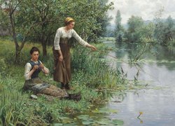 Kobiety łowiące ryby w obrazie Daniela Ridgwaya Knighta