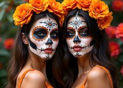 Kobiety, Twarz, Kwiaty, Bodypainting