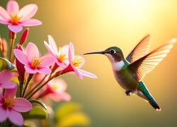 Koliber, Ptak, Różowe, Kwiaty, Grafika