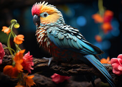 Kolorowa papuga na gałęzi z kwiatami