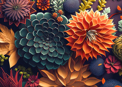 Kolorowe egzotyczne kwiaty i liście w grafice