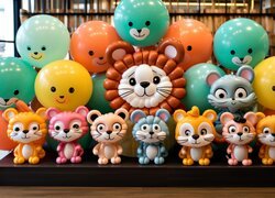 Kolorowe figurki zwierząt i balony z buźkami