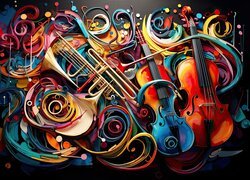 Instrumenty, Kolorowe, Grafika, Kontrabas, Saksofon