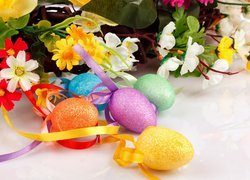 Wielkanoc, Kolorowe, Jajka, Kwiaty, Wstążki