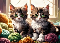 Kolorowe kłębki włóczki i kotki