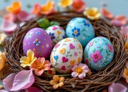 Kolorowe, Jajka, Pisanki, Gniazdo, Kwiaty, Płatki, Wielkanoc