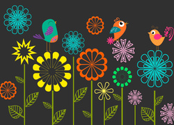 Grafika 2D, Motyw, Kolorowe, Kwiaty, Ptaki