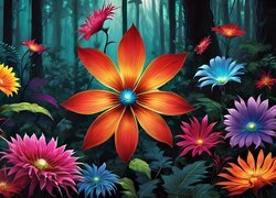 Kolorowe kwiaty w zamglonym lesie
