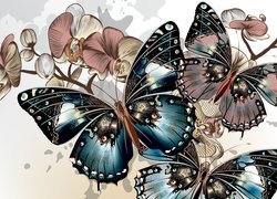 Motyle, Kwiaty, Gałązki, Grafika