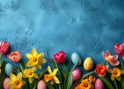 Tulipany, Żonkile, Pisanki, Niebieskie, Tło, Wielkanoc