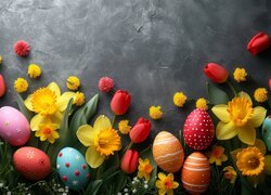 Wielkanoc, Pisanki, Tulipany, Żonkile
