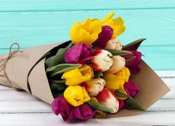 Kwiat, Kolorowe, Tulipany, Bukiet, Papier, Sznurek