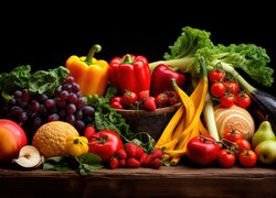 Warzywa, Owoce, Kosz, Papryka, Winogrona, Truskawki, Gruszki, Melon, Pomidory, Bakłażan, Czarne, Tło
