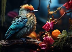 Kolorowy ptak i kwiaty na gałęzi