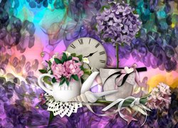 Kompozycja z kwiatami i zegarem w grafice