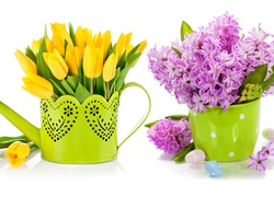 Kompozycja z żółtych tulipanów i fioletowych hiacyntów