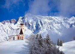 Zima, Śnieg, Drzewa, Góry, Kościół