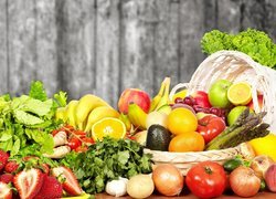 Warzywa, Owoce, Kosze, Truskawki, Pomidory, Cytryna, Cebula, Banany