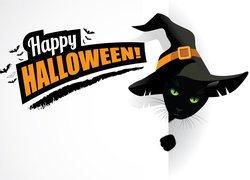 Kot w kapeluszu obok napisu Happy Halloween