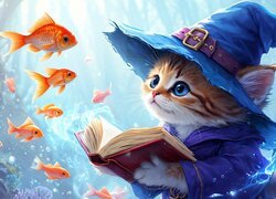 Kot w niebieskim kostiumie z książką wśród rybek