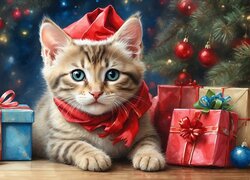 Kot w szaliku i prezenty