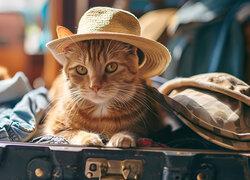 Kot z kapeluszem na głowie w walizce