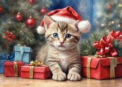Kotek w czapce Mikołaja między prezentami pod choinką