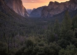 Wschód słońca, Park Narodowy Yosemite, Dolina Yosemite Valley, Drzewa, Lasy, Góry, Wodospad, Bridalveil Falls, Kalifornia, Stany Zjednoczone
