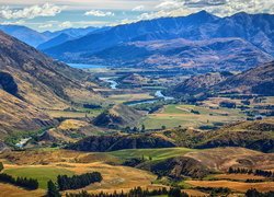 Drzewa, Góry, Rzeka, Wzgórza, Wyspa Południowa, Nowa Zelandia