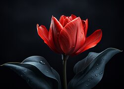 Krople na czerwonym tulipanie i liściach