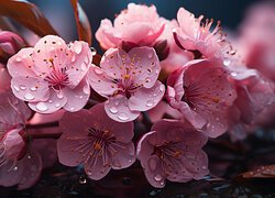 Krople wody na różowych kwiatach drzewa owocowego