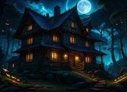 Księżyc nad oświetlonym domem w lesie