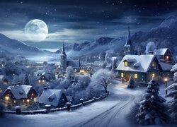 Księżyc nad rozświetlonym górskim miasteczkiem zimową porą