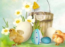 Kompozycja, Wielkanoc, Kurczaczki, Pisanki, Kwiaty, Wiaderko, Grafika 2D