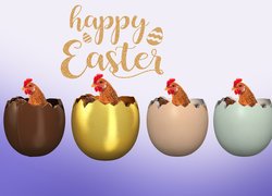 Wielkanoc, Skorupki, Kury, Napis, Happy Easter, Grafika