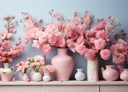 Kwiaty i kwitnące gałązki w wazonach na półce