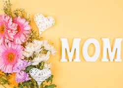 Kwiaty, Kolorowe, Gerbery, Serduszka, Napis, Mom, Dzień Matki