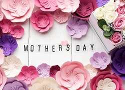 Dzień Matki, Napis, Mothers Day, Kolorowe, Róże, Białe, Deski