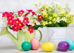 Wielkanoc, Kolorowe, Pisanki, Konewka, Wiaderko, Kwiaty