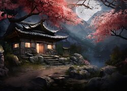 Kwitnące drzewa i rozświetlony dom w górach w blasku księżyca