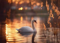 Łabędź, Szuwary, Woda, Grafika AI