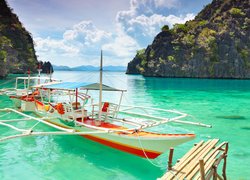 Morze, Skały, Łódka, Laguna, Wyspa Coron, Palawan, Filipiny