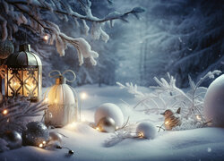 Lampiony i bombki na śniegu w lesie
