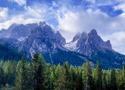 Włochy, Prowincja Belluno, Góry, Dolomity, Lasy, Chmury, Mgła