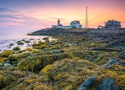 Stany Zjednoczone, Stan Massachusetts, Zatoka, Cape Cod Bay, Morze, Latarnia morska, Nobska Point Light, Skały, Wschód słońca