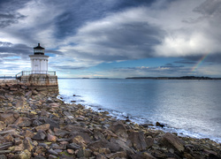 Stany Zjednoczone, Stan Maine, Latarnia morska Portland Breakwater Light, Kamienie, Morze, Tęcza