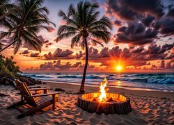 Leżak obok ogniska na plaży