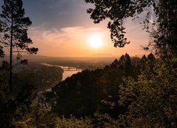 Wschód słońca, Drzewa, Rzeka Dunaj, Miasto Linz, Austria