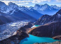 Niebo, Ośnieżone, Góry, Himalaje, Jezioro Gokyo, Śnieg, Lodowiec Ngozumpa, Park Narodowy Sagarmatha, Nepal