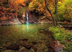 Malutki wodospad pośród jesiennych drzew